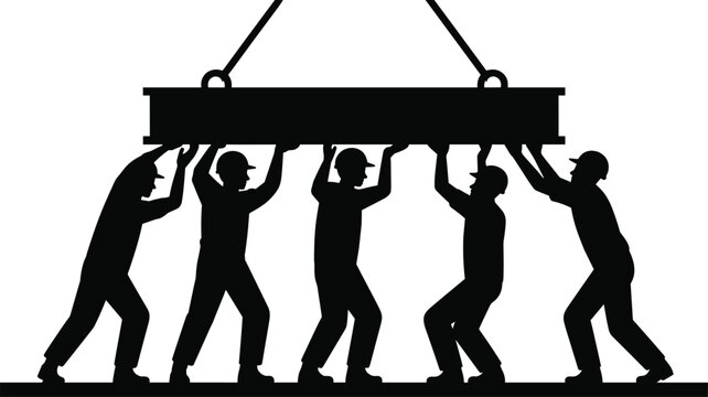 Industrial Ironworkers Silhouette Team Lifting Heavy Steel Girder Beam Supported by Crane Hoist Cables for Civil Engineering Infrastructure Construction Projects Vector Illustration