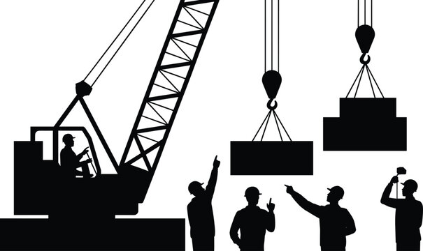 Industrial Mobile Crane Operators and Riggers Silhouette Set with Construction Workers Giving Hand Signals to Lift Heavy Cargo Blocks Vector Graphics