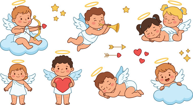 Cute Angelic Cherub Illustration Set with Love, Arrows, and Heavenly Themes for Valentine's Day, Romance, and Fantasy