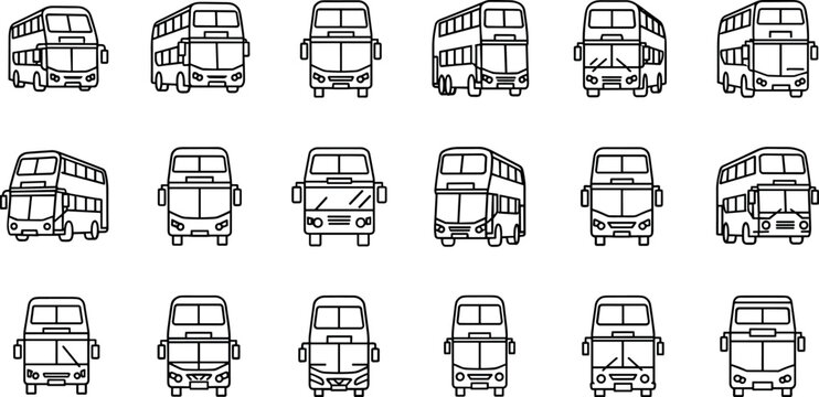 Bus Icon Set With Front And Side View Public Transport Vehicles In Minimal Line Vector Illustration
