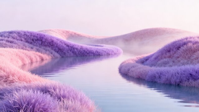 Purple and pink fuzzy hills by water