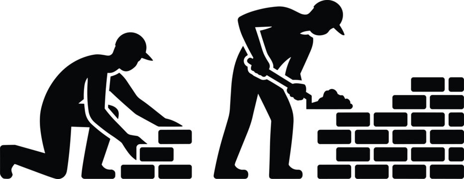 Professional Bricklayer Construction Workers Silhouette Vector Graphic Showing Masons Building Brick Wall Structure with Trowel Tool on White Background