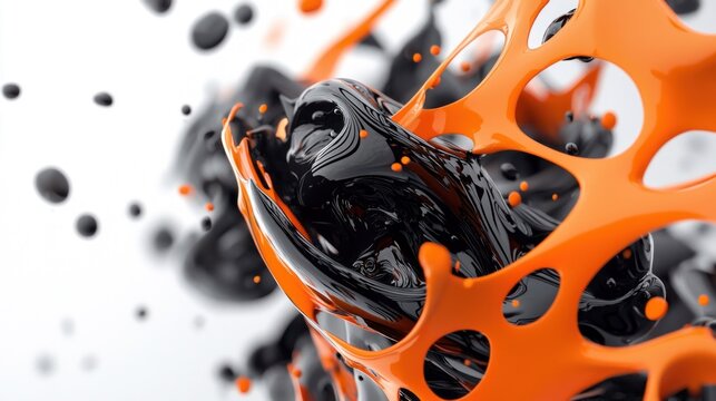 Abstract Black Liquid Droplets Interacting with Orange Structure.