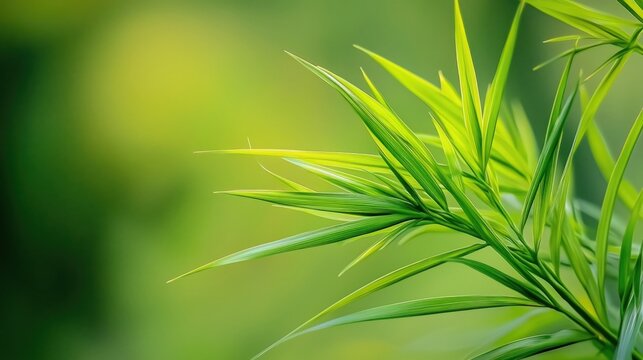 Close-up of vibrant green bamboo leaves with a soft bokeh background.