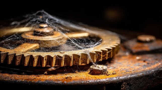 Cobweb-covered gears of a broken industrial machine in close-up detail