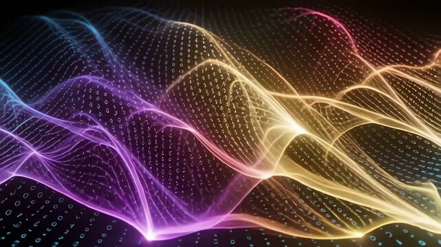 Abstract digital wave pattern with binary code and vibrant gradient colors
