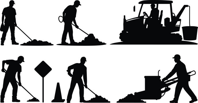 Roadwork Maintenance Workers Silhouette Set Shoveling Asphalt Mounds Operating Heavy Mini Excavator and Plate Compactor Machinery for Street Construction Projects