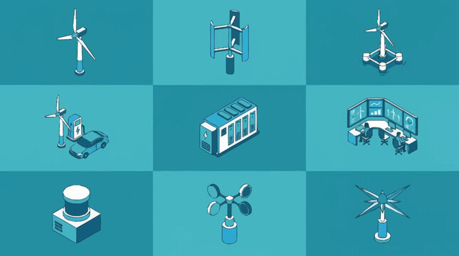 Collection of isometric icons representing renewable energy and technology concepts.