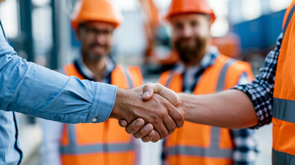 Fototapeta na wymiar Close-up of a logistics team handshake between warehouse workers in safety vests and hard hats at a shipping dock, freight transport cooperation concept, logistics partnership