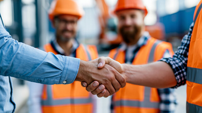 Close-up of a logistics team handshake between warehouse workers in safety vests and hard hats at a shipping dock, freight transport cooperation concept, logistics partnership