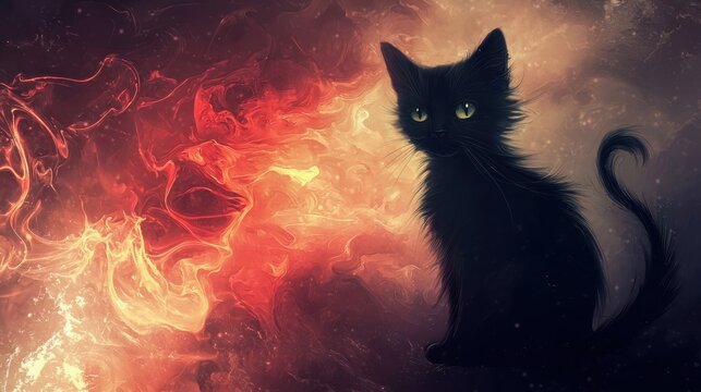 Mysterious Black Cat Sitting in Fiery Abstract Background.