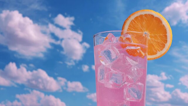 Pink cocktail with orange slice against blue cloudy sky