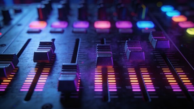 Professional audio mixing console closeup illuminated faders neon led lights music production equipment sound engineering studio technology broadcast control panel dj mixer electronic interface record