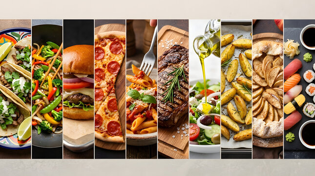 Culinary Collage: A visual symphony of delectable cuisine, presenting a vibrant assortment of international dishes, meticulously arranged to tantalize the taste buds and celebrate culinary diversity.