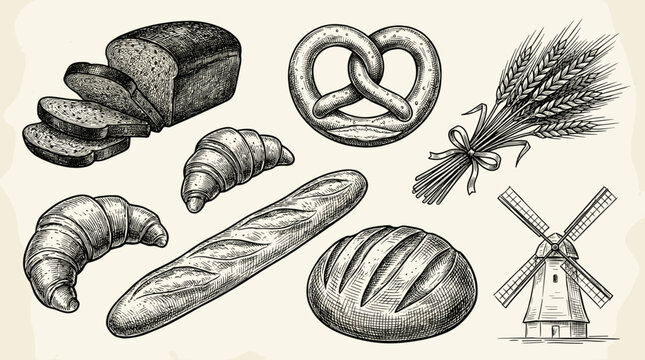 Vintage bakery vector illustration set featuring hand drawn baguette croissant pretzel sliced bread loaf wheat sheaf and windmill isolated on white background