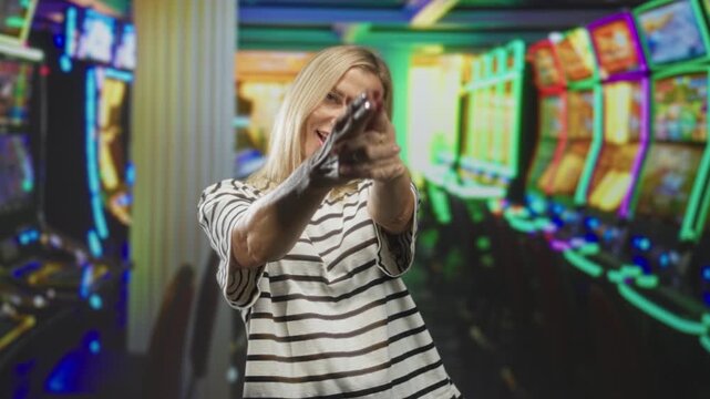 Woman aiming finger gun gesture with hands and striped shirt among slot machines in a gaming building; playful risk taking.