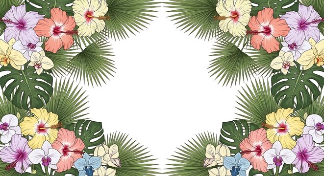 Colorful vector illustration of palm trees and flamingos