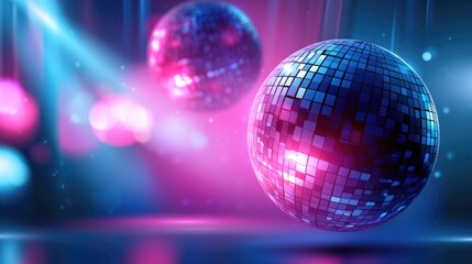 Obraz premium Two shiny disco balls glowing with vibrant pink and blue lights in a dark, atmospheric party or club setting.