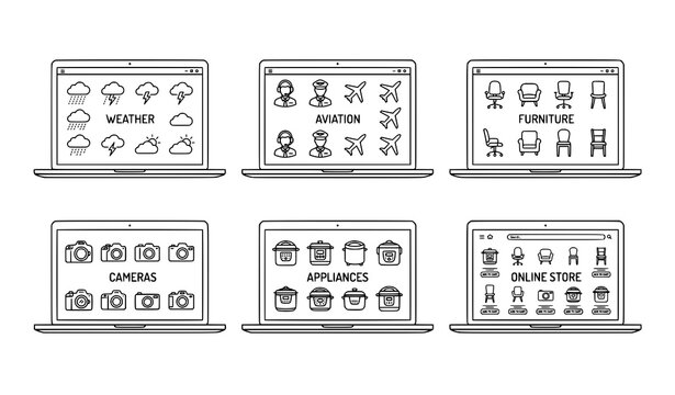 Laptop monitor outline icon collection with rain pilot camera and multicooker vector symbols