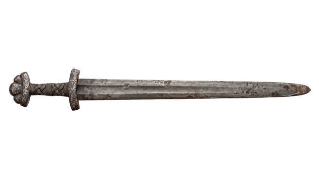 Horizontal view of a forged iron ancient Viking sword artifact isolated on a solid white background