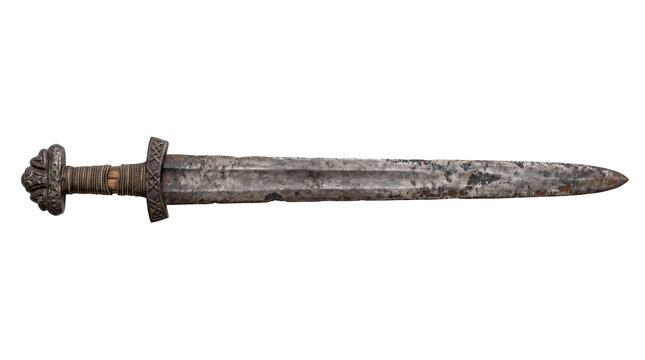 Horizontal view of an ancient rusty battle-worn Viking broadsword artifact isolated on a solid white background