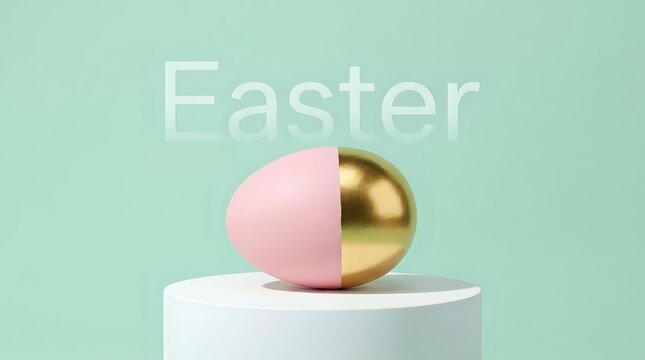 Easter egg split in pink and gold on a white podium against a mint background with Easter text, minimalist holiday concept.