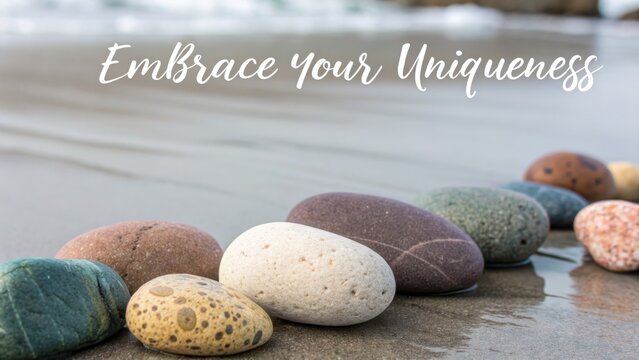 Diverse Smooth Pebbles on a Wet Sandy Beach