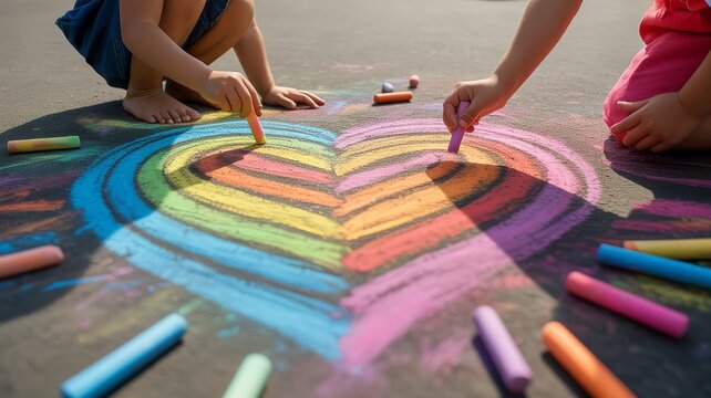 Children drawing rainbow heart with colorful sidewalk chalk outdoors creative art play vibrant summer activity