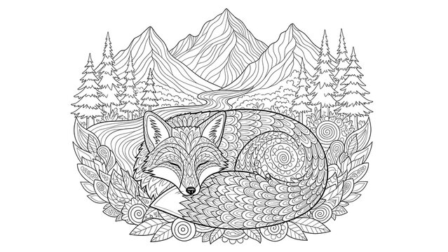 Intricate Zentangle-Inspired Sleeping Fox Illustration. Detailed Adult Coloring Page Featuring Wildlife in a Forest Landscape with Majestic Mountains and Ornate Nature Patterns
