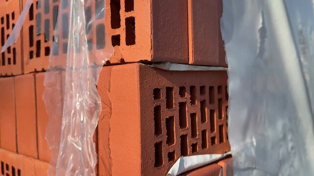 Close-up red bricks stacked outdoors, plastic wrap glistening in sunlight, perforated hollow bricks on pallet at hardware store