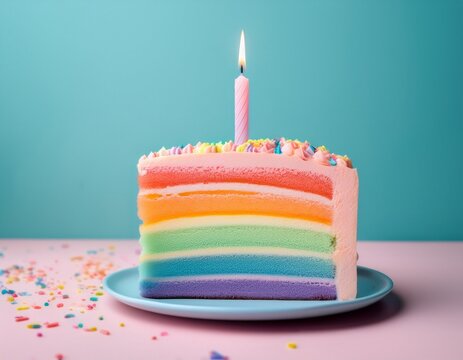 pastel rainbow cake slice with a lit candle on a pastel background