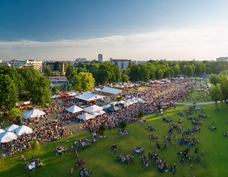 city street food festival event at green park at summer tents of food market at green meadow crowd walking and sitting at picnic aerial view