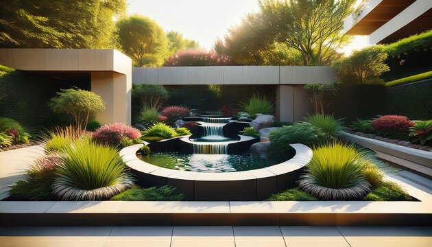 serene nature inspired modern water feature with lush garden landscape