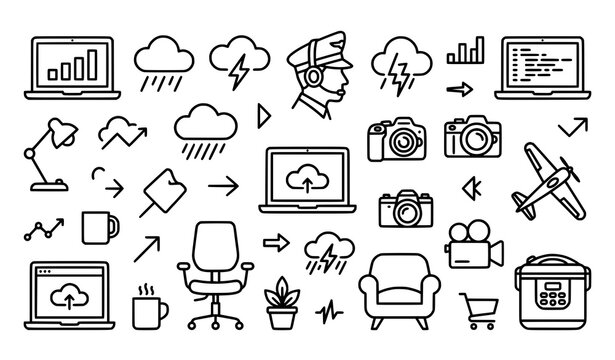 Creative laptop monitor outline vector icon set with lifestyle and technology symbols