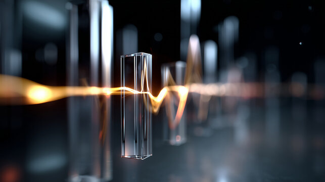 A hyper realistic vertical 3D visualization of an abstract sound-reactive waveform pulsing rhythmically in elegant glassmorphism style, translucent layered glass audio bars floatin