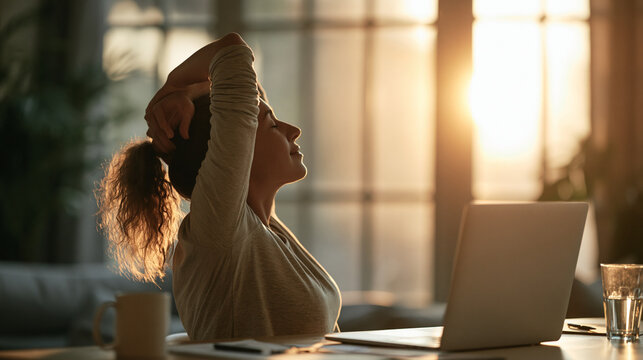 Remote worker stretching at desk with laptop during sunrise in cozy home office wellness and work life balance concept