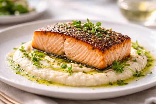 Delicious grilled salmon on creamy mashed cauliflower with herbs