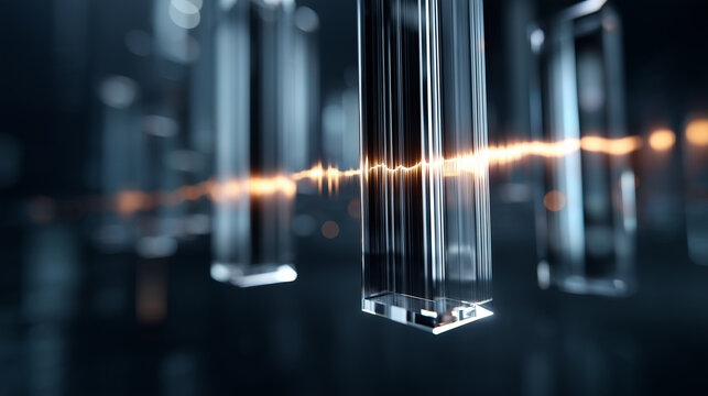 A hyper realistic vertical 3D visualization of an abstract sound-reactive waveform pulsing rhythmically in elegant glassmorphism style, translucent layered glass audio bars floatin