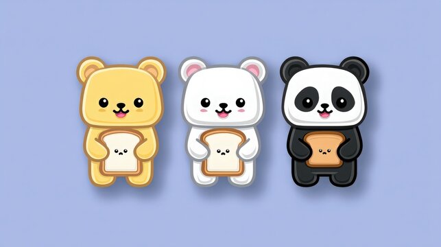 Three adorable cartoon bears in yellow, white, and panda colors each holding a slice of bread toast, with smiling faces, on a soft light blue background.