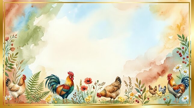 Watercolor farm border with rooster and hens among wildflowers, soft pastel background with gold frame, copy space for text or greeting card design.