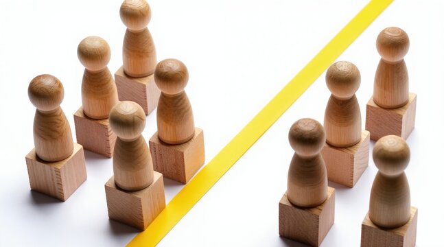 Wooden figures divided by yellow line on blocks. Representing groups apart showing disagreement, conflict, or segregation. Illustrating separation, boundary, and difference between people.