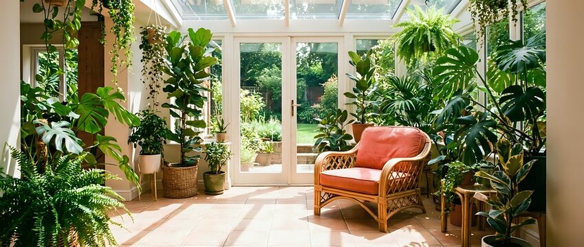 Bright sunroom conservatory with lush tropical plants, wicker furniture and natural light streaming through glass walls creating peaceful indoor garden retreat.