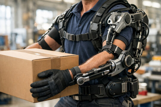 Worker in exoskeleton lifting box in industrial setting