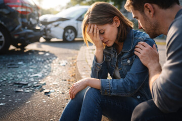 Fototapeta premium Young woman distressed after car accident with supportive companion