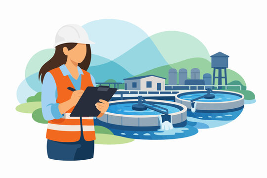 Female engineer inspecting water treatment plant facility vector