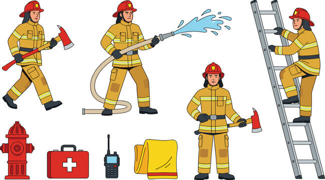 Firefighter Character Illustration Set with Equipment, Fire Hose, Ladder, and Emergency Response Themes