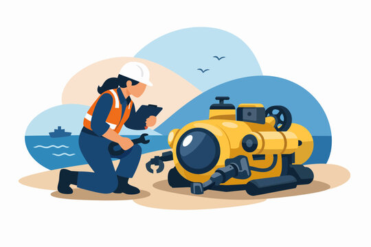 Female Marine Engineer Inspecting a Submersible ROV on the Beach