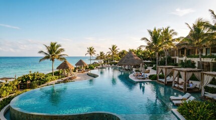 Fototapeta premium Serene Tropical Resort with Infinity Pool and Ocean View Under Clear Blue Sky