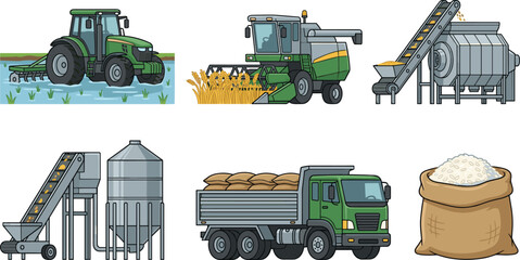 Illustration Set of Agricultural Machinery Including Tractor, Combine Harvester, Conveyor, and Grain Truck for Farming, Harvesting, and Agriculture Themes © Sanjida