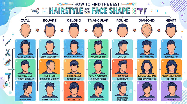 Hairstyle Guide for Diverse Face Shapes: An illustrated guide offers hairstyle suggestions tailored to various face shapes, with visual examples for easy understanding.
